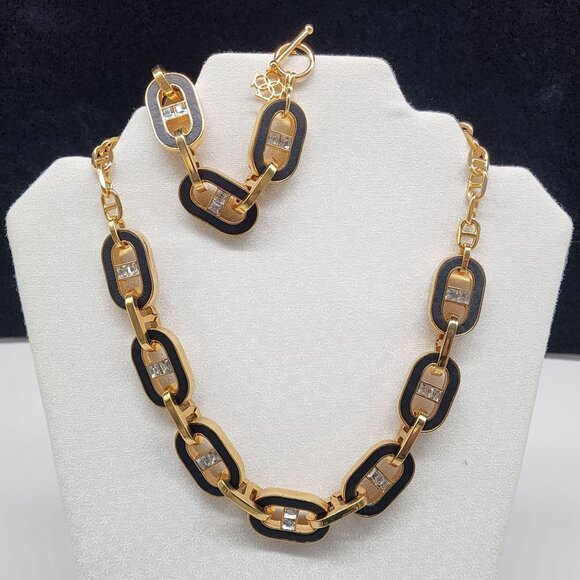 Ann Taylor Bracelet & Necklace Set Inlay Black Leather Gold Tone Chunky Chain VT - Picture 6 of 9